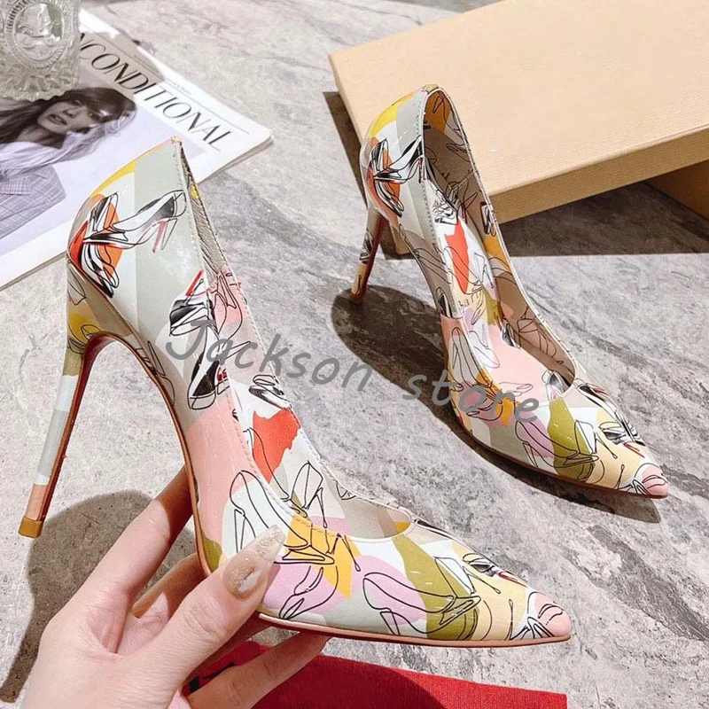 

Luxury Pointed Toe Printed Dress Shoes Mixed Colors Stiletto High Heel Slip On Women Pumps Genuine Leather Trendy Wedding Shoes