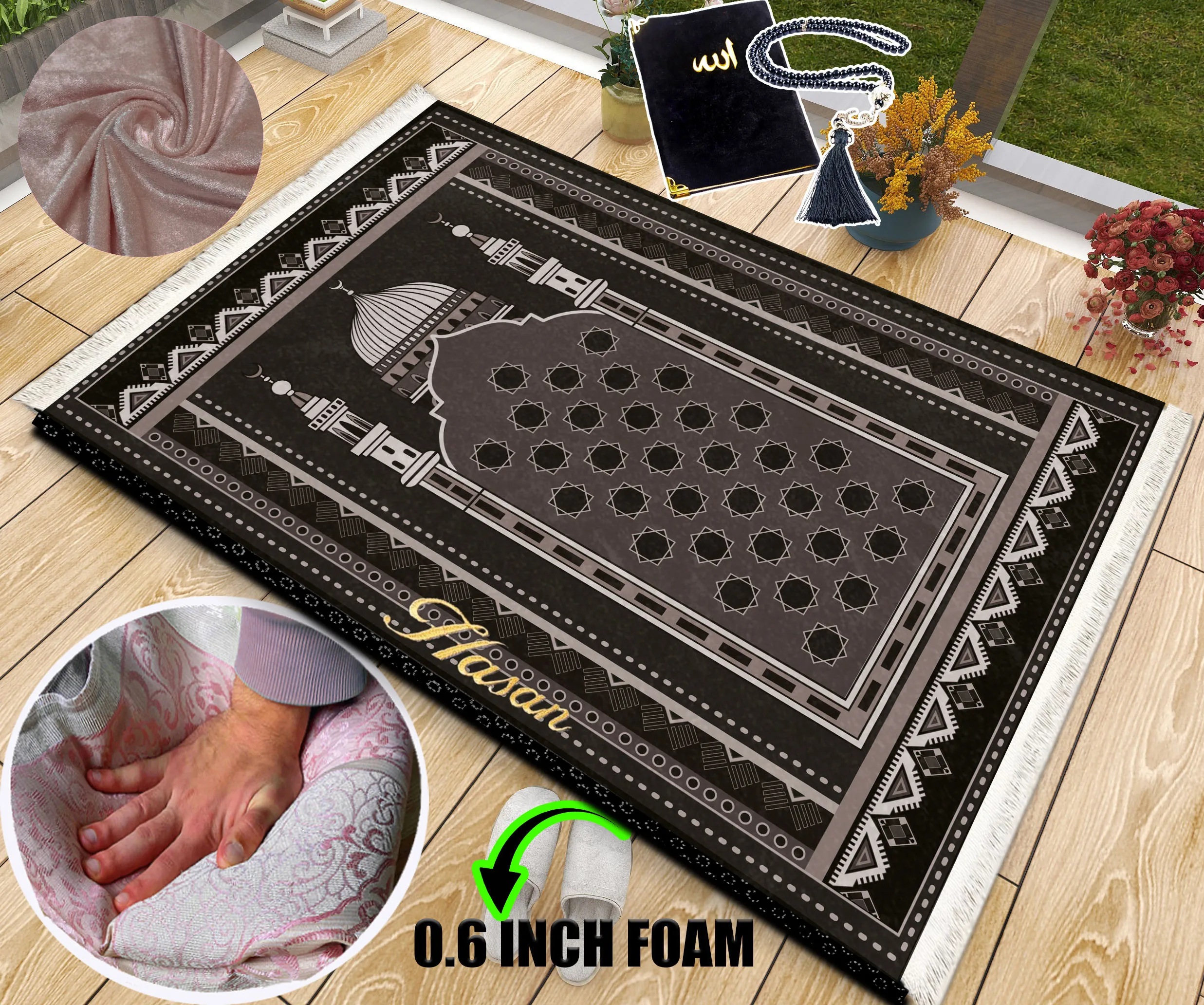 

Extra Thick Foam Padded Black Mosque Turkish Prayer Rug With Luxury Yaseen, Soft Praying Mat Carpet & Pearl Tasbeeh, İslamic