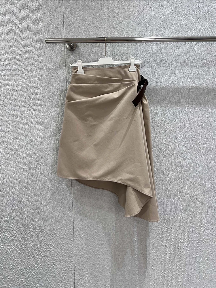 

Summer Fashion Khaki Vintage Elegant Asymmetrical Knee-Length Skirt Women's Trim Shirred Middle Waist Belt Slim A-Line Skirt