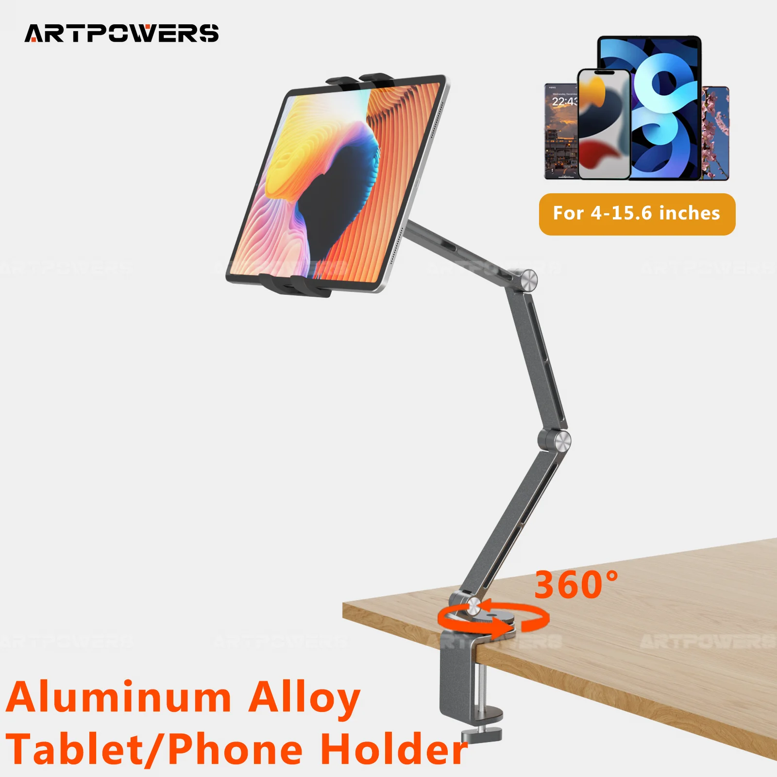 Artpowers Uchwyt na tablet Podpórka na pad Przenośny uchwyt na monitor Stojak na telefon Laptop Regulowany obrotowy uchwyt na tablet Uchwyt na klips
