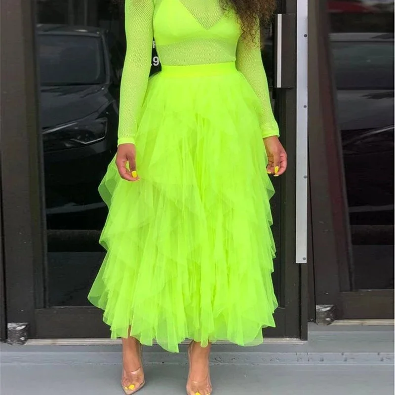 Jasny zielony warstwami Tulle spódnica moda Ruffles kostki długość kobiety długie spódnice wykonane na zamówienie Neon zielony Tutu suknia — zdjęcie 2