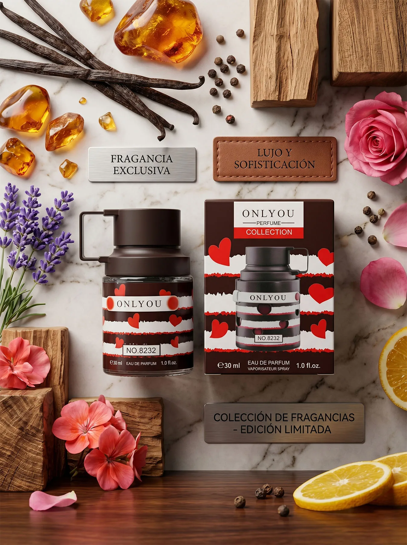 Perfume ONLYYOU NO. 8232 Fragancia Ámbar Amaderada 30ml | Aroma Cálido de Vainilla y Sándalo | Loción Unisex de Edición Limitada con Diseño de Corazones Portátil | Esencia Persistente para Citas Románticas