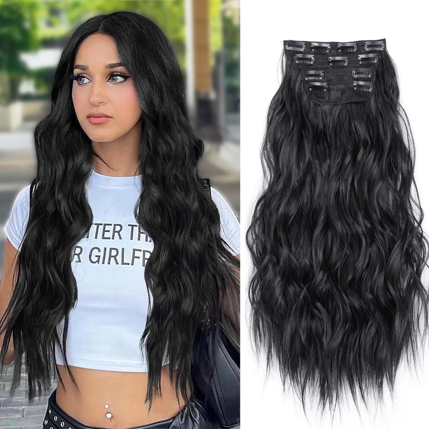 Linwan Thick Long Wavy 11 Clip In Hair Extension Long Curly Brown Black 4 Pcs/Set 20 Inch Synthetic Hair Piece For Woman