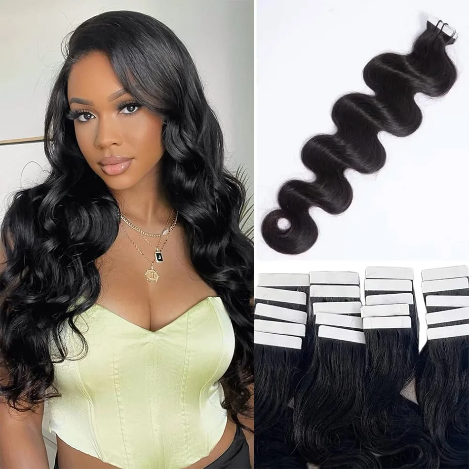 Europeu Remy Body Wave Invisible Tape, Fita nas extensões do cabelo, Ins Adesivo, 100% Cabelo Humano, 20Pcs, Pacote