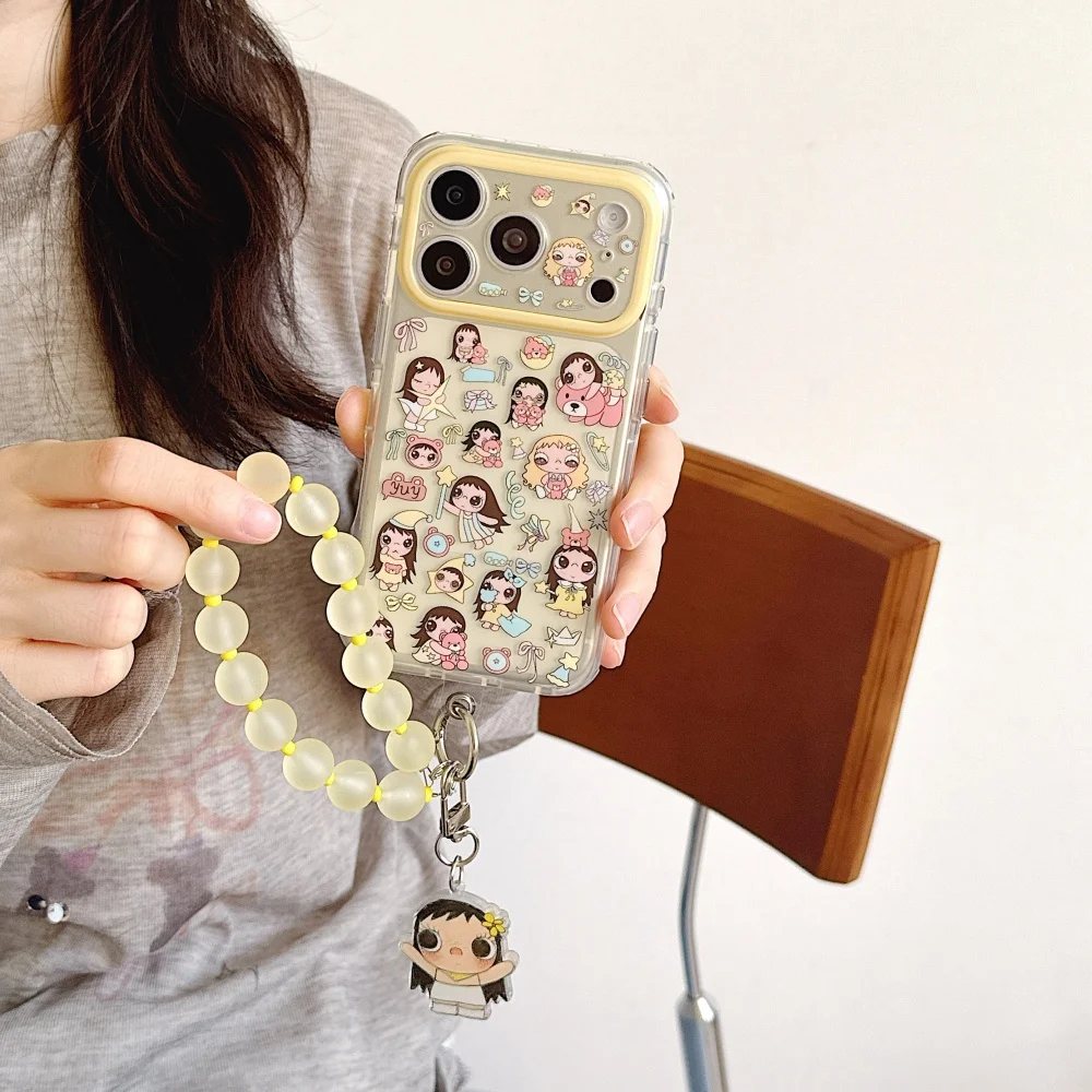 Korean INS Cute Cartoon Girl Yuyu Sticker Phone Case Suitable for iPhone 15 16 17 Pro Max 16 15 Pro Kawaii Girly Shockproof Case