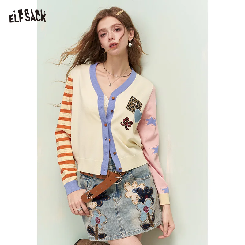 ELFSACK Asymmetrical Knit Cardigan with Patch Embroidery, Cute Casual  Sweaters with Jacquard Sleeves, Cream Tops for Women