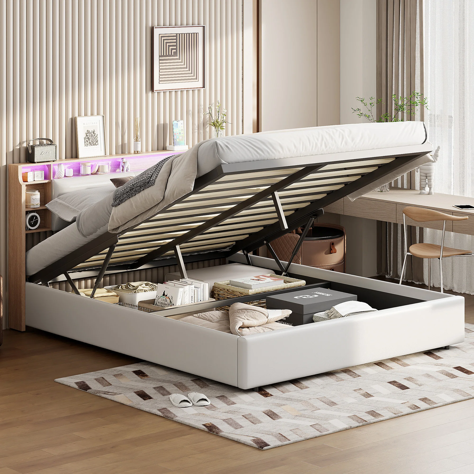 140x200cm/160x200cm white PU leather double bed rack with bedside storage compartment and hydraulic storage space