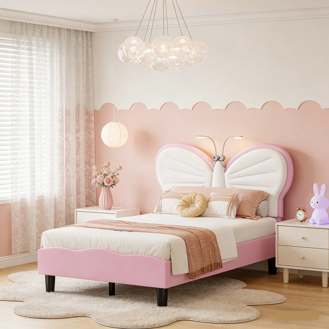 Cama tapizada de 90x200cm, cama infantil con LED, cama individual tapizada con somier de láminas de madera, estructura de cama para niñas, camas para niñas con cabecero ajustable, cama juvenil, rosa/azul