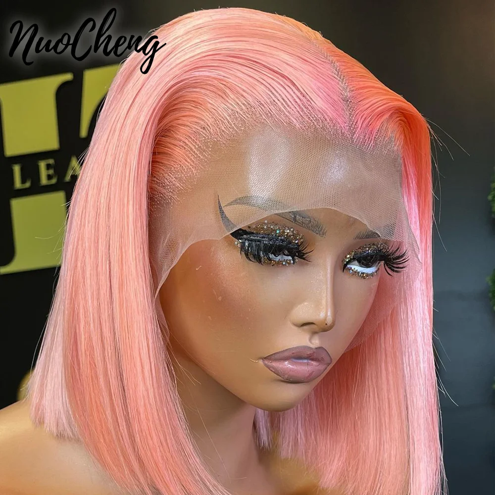 Colored Short Bob Wigs Human Hair Wig with Pre Plucked Baby Hair Pink Color 13x4 Lace Frontal  Glueless Straight Bob Wig 180%