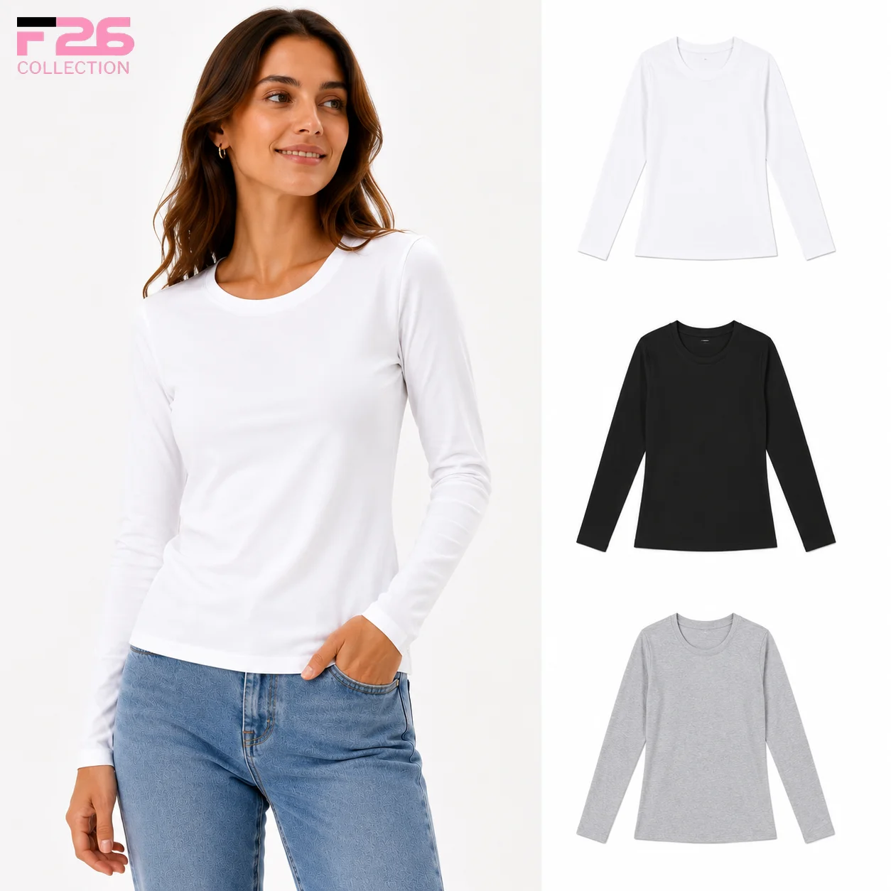 T-shirt basique à manches longues et col rond pour femme