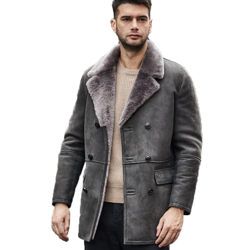 Denny&Dora Mens Shearling Jacket Warm Winter Sheepskin Jacket Suit Collar Grey Leather Jacket