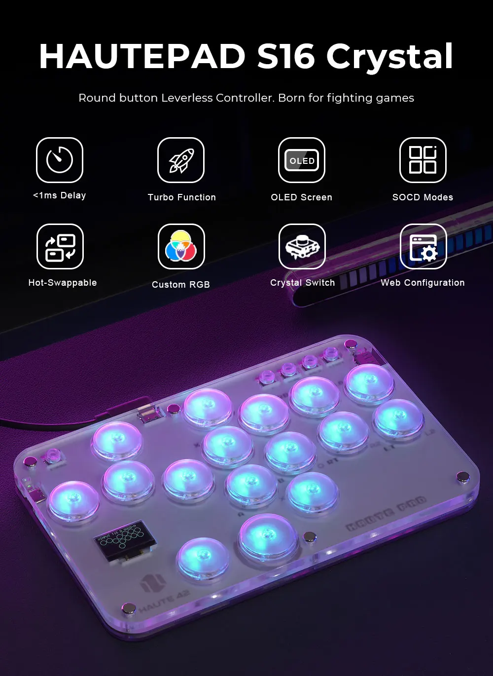 Haute42 Arcade Joystick Hitbox Leverless Controller Fight Sticks For PC / Ps4 /Switch Mini Hitbox Fighting Game Arcade Stick