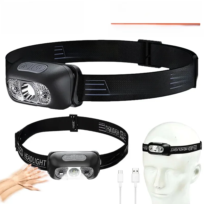 Mini latarka czołowa Mocne światło Led Nocne wędkowanie Mocna latarka Latarka czołowa Zewnętrzna wodoodporna Camping Przenośne reflektory LED z czujnikiem — zdjęcie 2