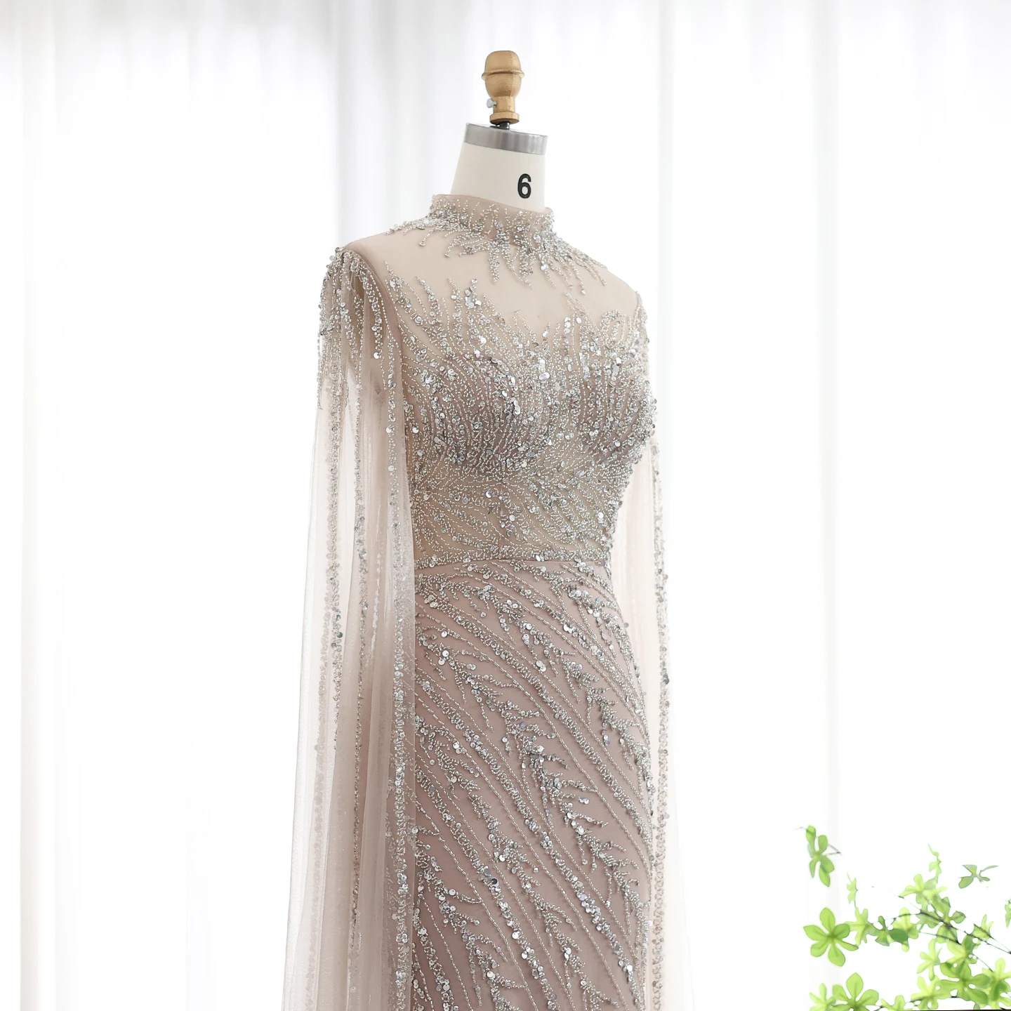 Sharon Said Luxuriöse Schwarze Nude Meerjungfrauen-Abendkleider mit Cape-Ärmeln, Hochgeschlossenem Kragen, Dubai Hochzeits-Party-Formelle Kleider SS162 Maßanfertigung – Detail 8