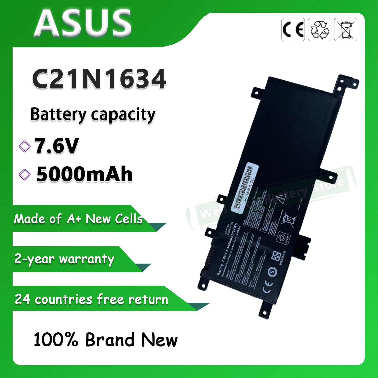 7.6V 5000mAh C21N1634 Laptop Battery For ASUS VivoBook A580U FL5900L X542U FL8000U R542U R542UR V587U