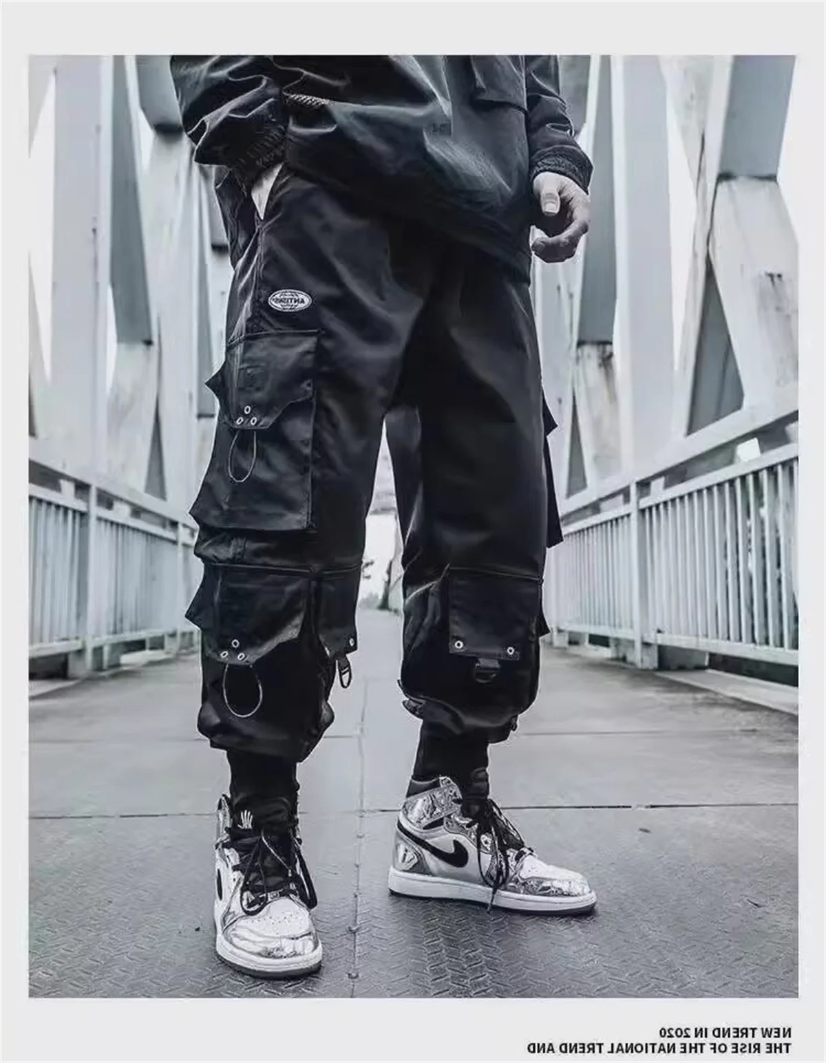 Funktionale Cargohose mit großen Taschen für Herren, Harajuku, lockerer Hip-Hop-Stil, trendige, elastische, knöchellange Freizeithose, moderne Streetwear – Detail 2