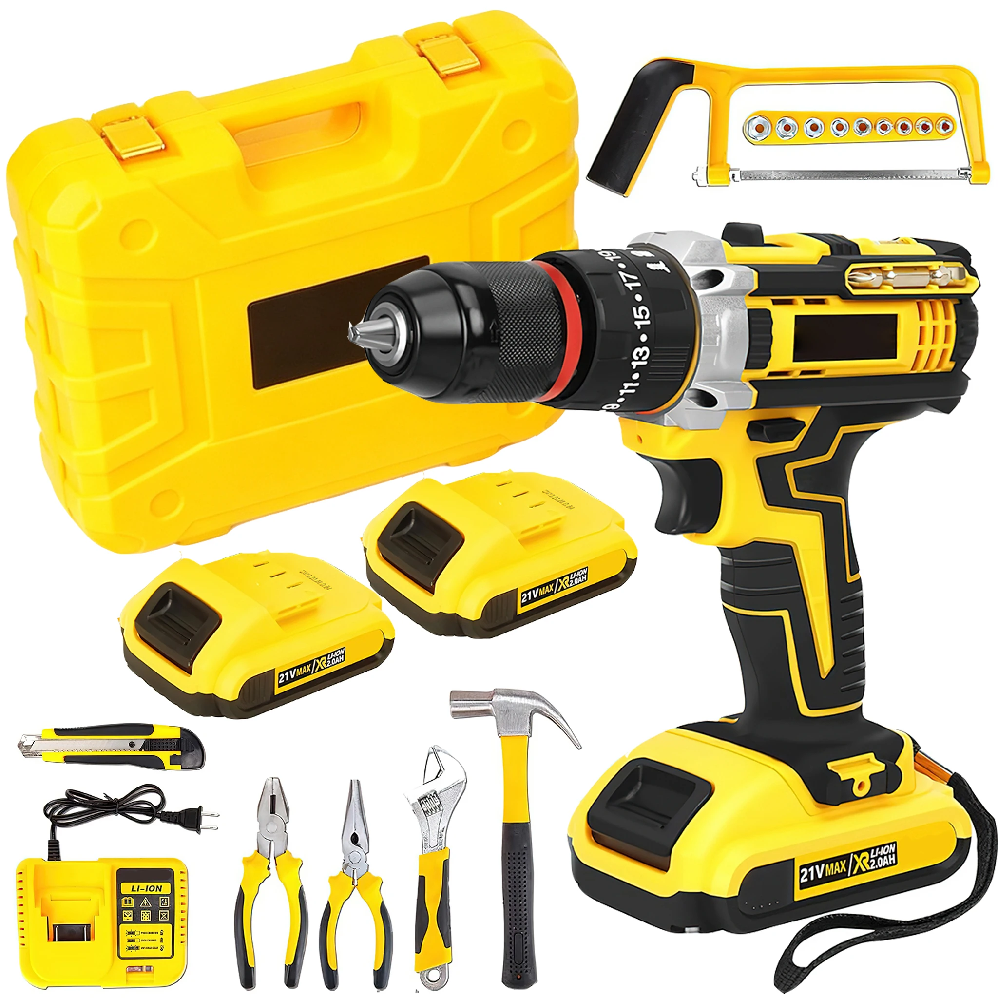 Taladro de impacto inalámbrico de 21 V, kit de 120 piezas, destornillador eléctrico de 45 N·m, 25+3 niveles de torque, 2 velocidades