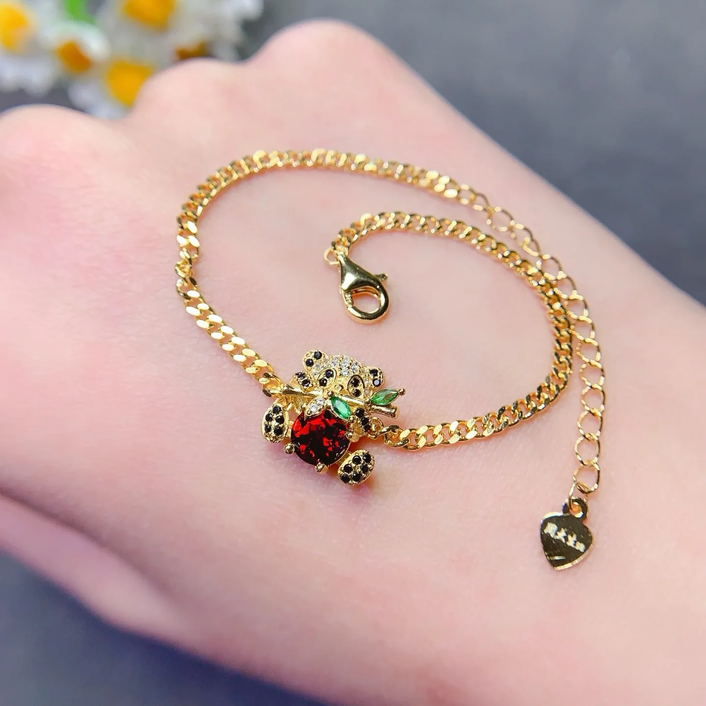 

Jewelry Women's Natural Gemstone Bracelet 925 sterling silver electroplated 18K gold 6x6mm diopside pomegranate yellow crystal