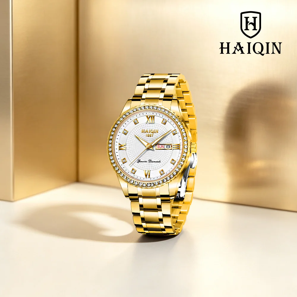 2026 HAIQIN brand men's quartz watches top light luxury gold white men's stainless steel watch calendar week clock casual watch