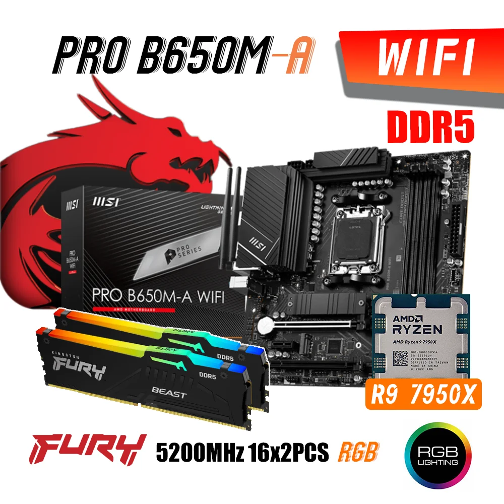 MSI PRO B650M-A WIFI DDR5 AM5 Motherboard With AMD Ryzen 9 7950X Processor Kit Combo Fury 5200MHz DDR5 Memory 16GB x2 RGB