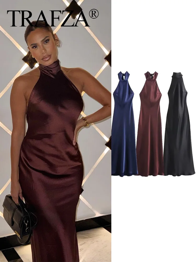 TRAFZA 2024 Female Elegant Slim Long Dresses Solid Sleeveless Backless Bow Decoration Zipper Summer Long Dress Woman Sexy Trendy