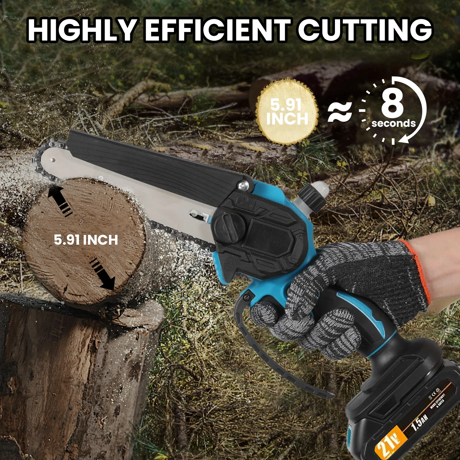 Picture 5: 21V 6Inch Cordless Electric Chainsaw Powerful Electric Small Portable Chainsaw with Automatic Oiler Pruning Saw Woodworking Tool