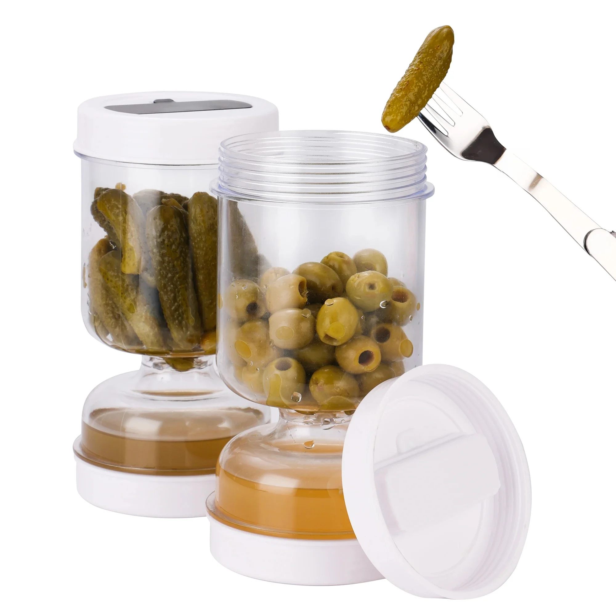 Pot de passoire d'olive et de cornichons, nouveau pot de sablier de récipient d'olive avec récipient de cornichons rabattable de crépine pour le stockage hermétique des aliments