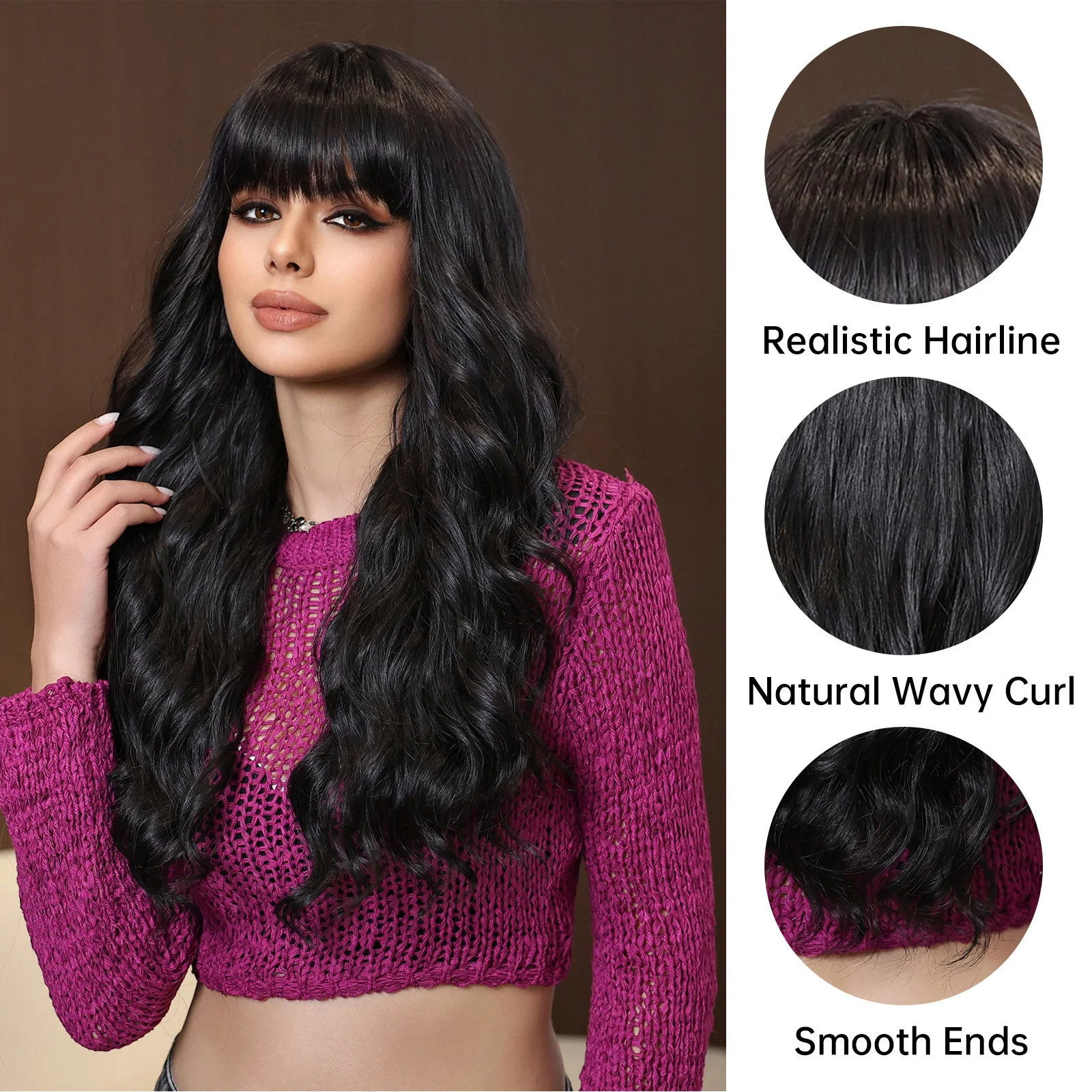 GEMMA Synthetic Wig Long Wavy Black Wigs with Bangs for Women Black Daily Use Fake Hair Cosplay Party Wig Heat Resistant Fibre