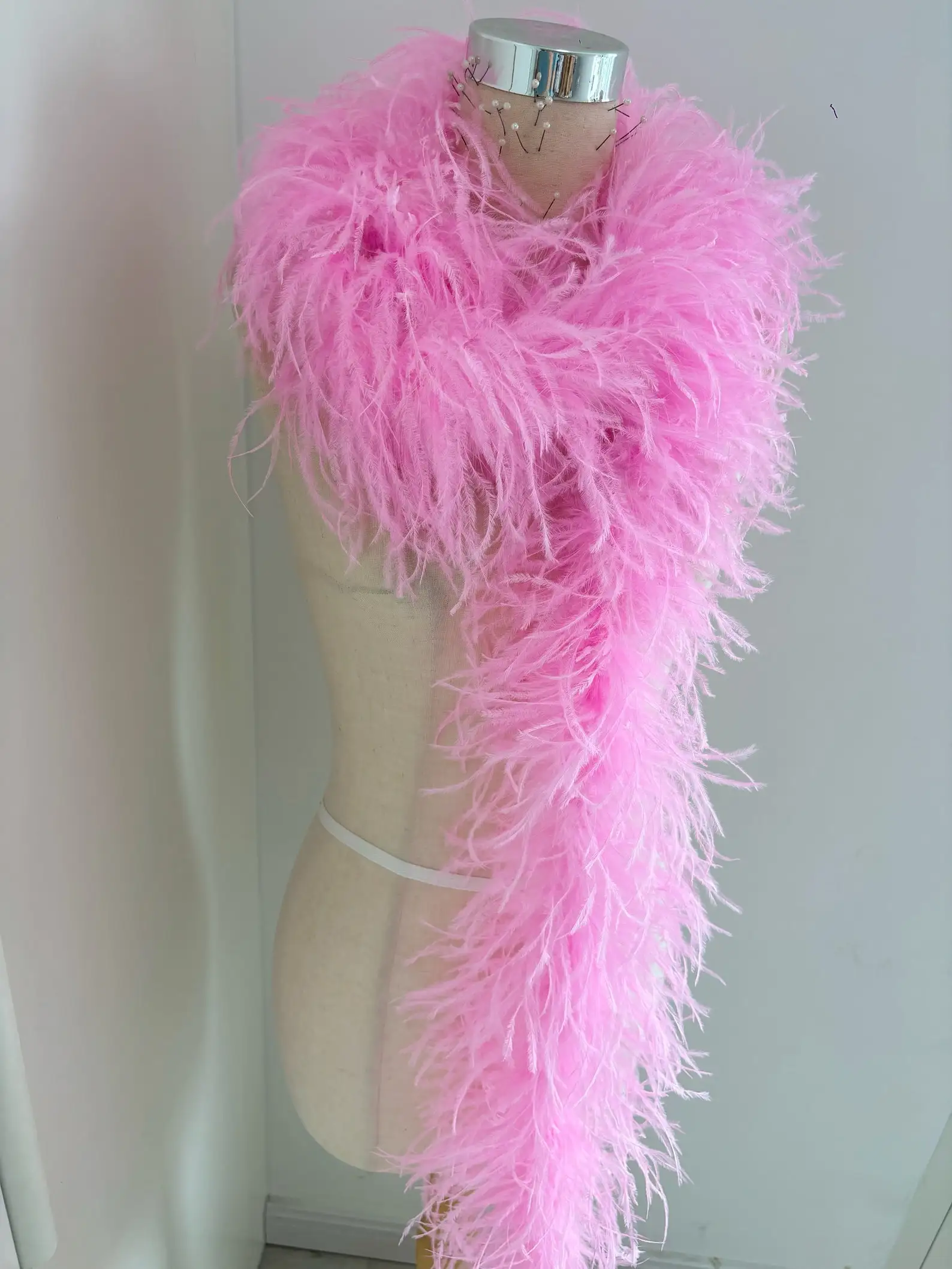 3 Ply Pink Ostrich Feather Boa For Dress, Extra Dense Natural Ostrich Hair Feather Trim For Couture Supplies