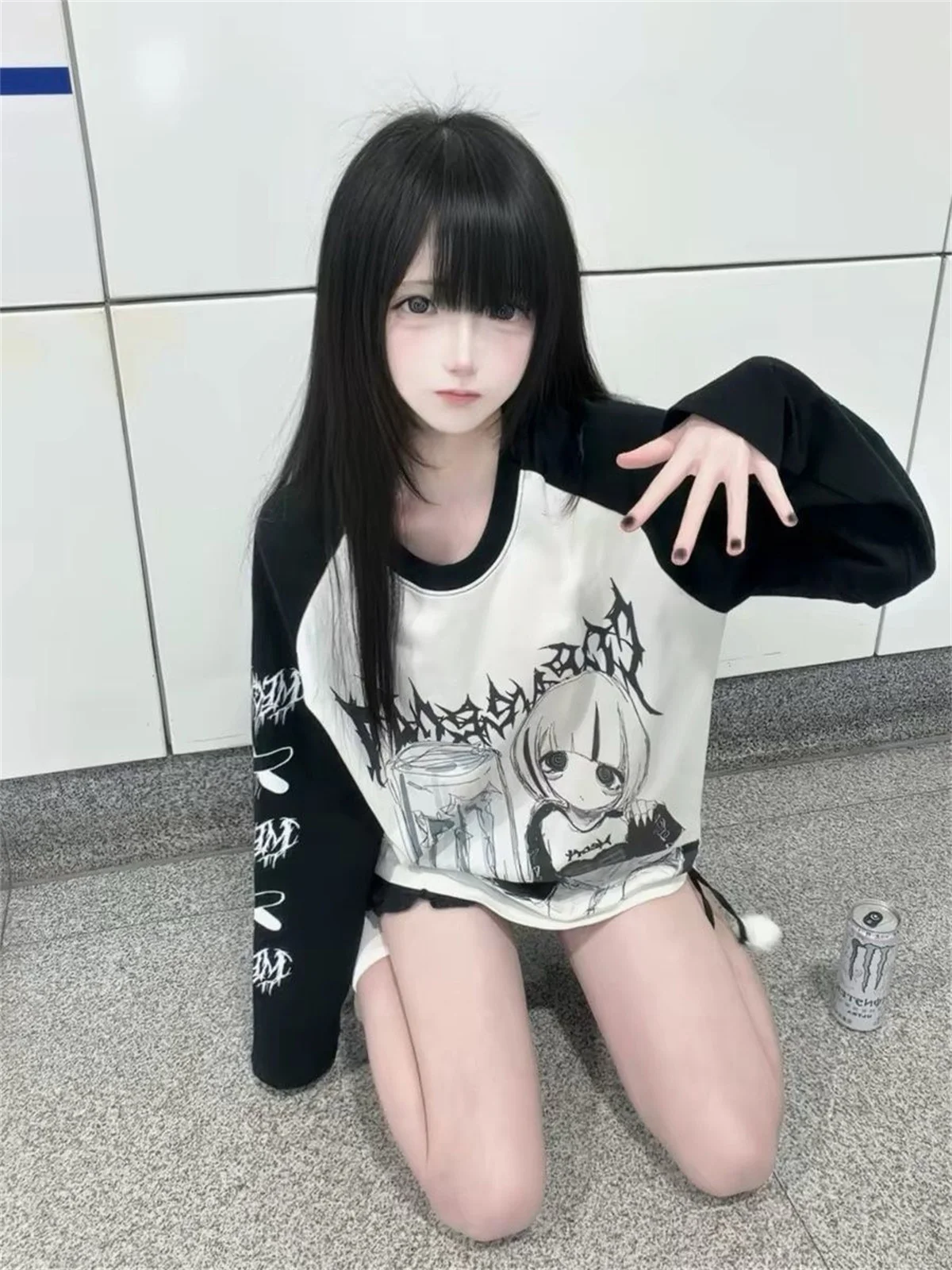 Spring Autumn Japanese Yami Kawaii Girly Goth T Shirt Long Sleeve O-Neck Print Loose Top Jirai Kei Subculture Casual Shirt Women