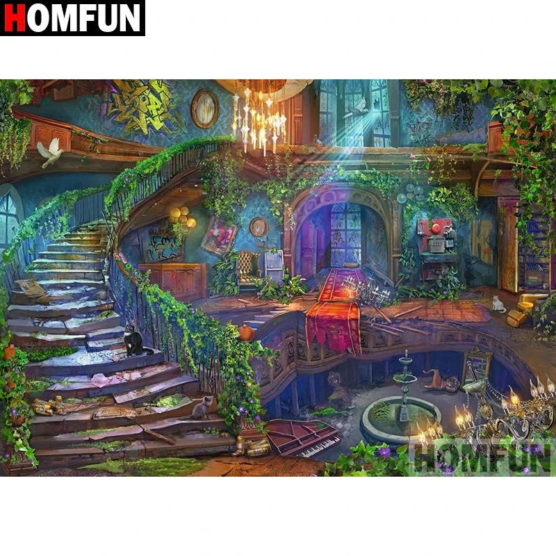 

HOMFUN Square Round Drill 5D Diamond Painting Environmental Crafts Full Diamond Embroidery "House Steps Landscape" Home decor