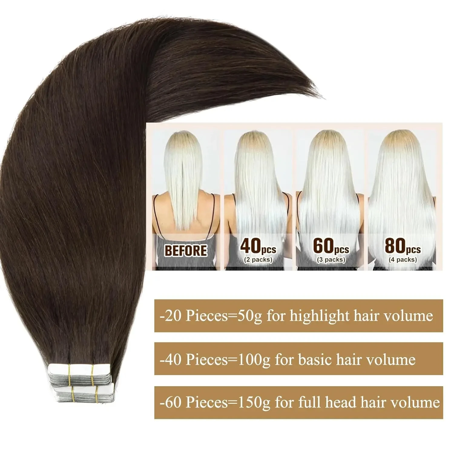 Straight Tape in Hair Extension 16-26inch Dark Brown Color 2 Tape Adhesives Hair Extension Cuticle Remy Human Hair 20pcs/set