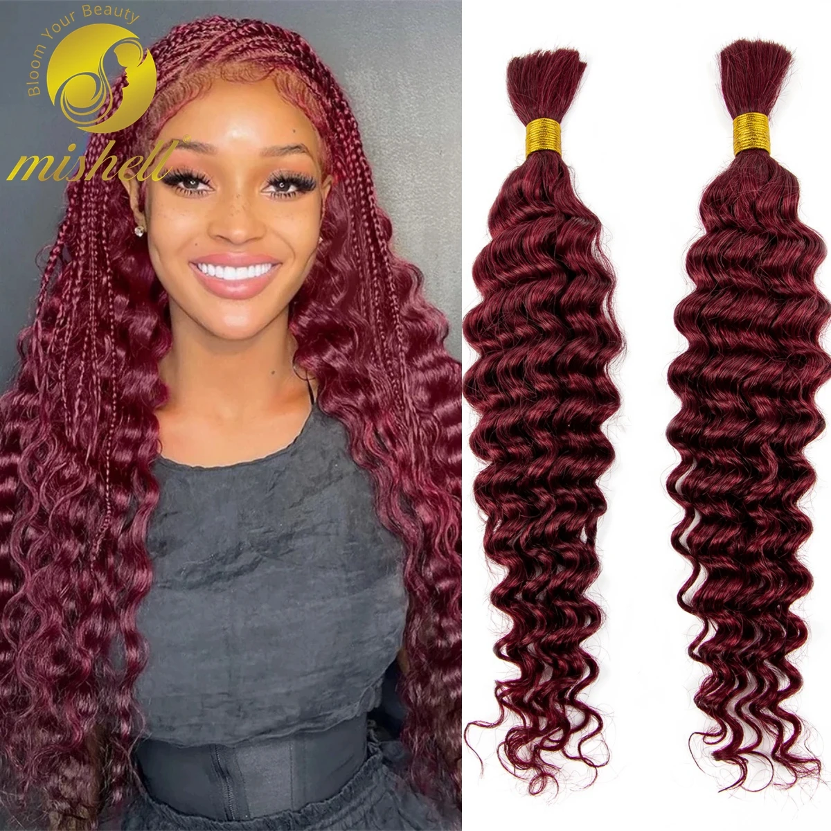 Burgundy 99J Deep Wave Bulk Human Hair for Braiding No Weft 100% Virgin Hair Curly Human Braiding Hair Extensions for Boho Braid