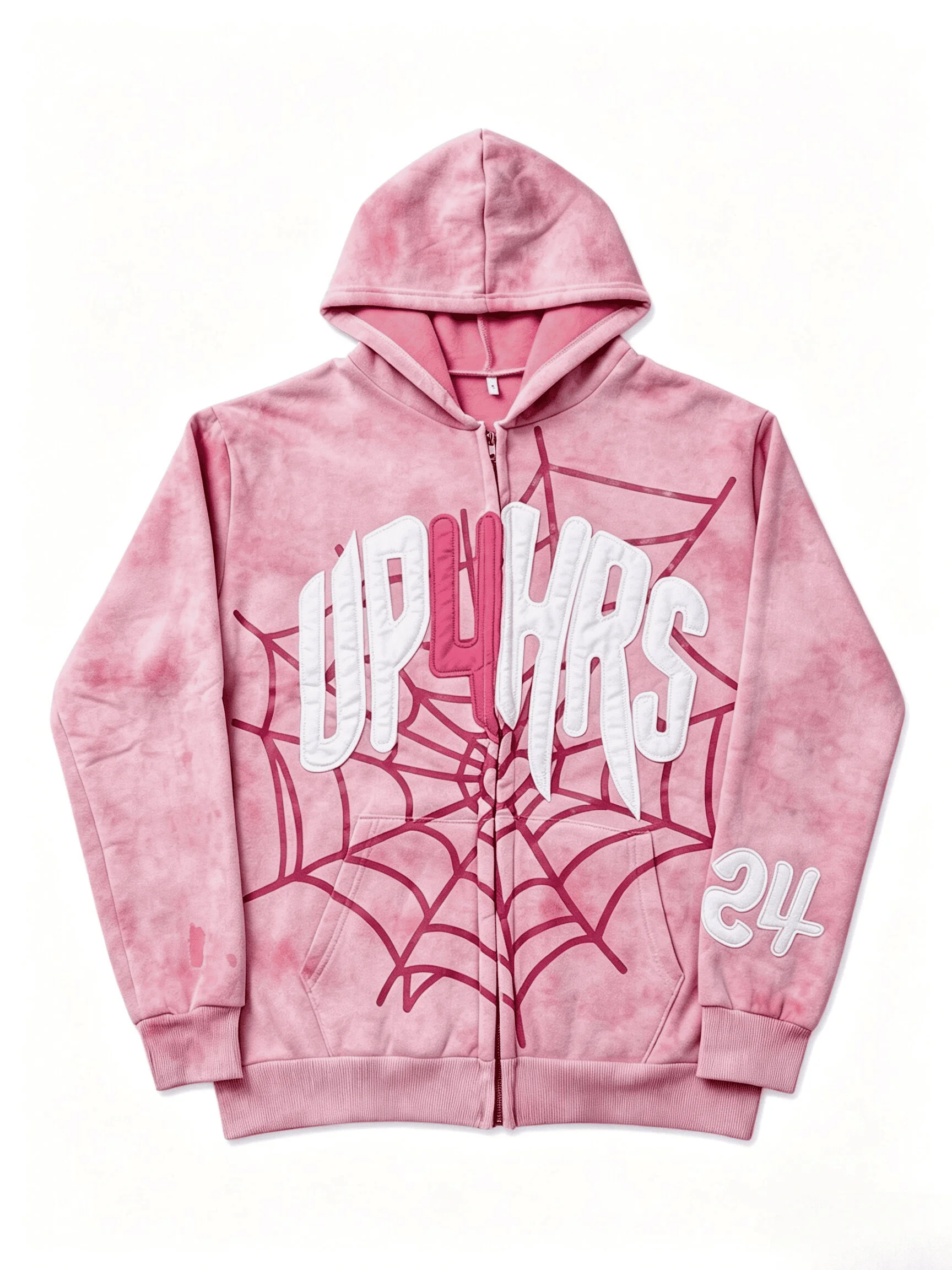 Men's Blush Pink Polyester Zipper Hoodie - Letter Patch, Spider Web Print, Soft Sanded Texture, Inkjet Tech, Y2K Street Style, Long Sleeve Loose Fit, Retro Gothic Rock 3D Print, All Seasons Casual Gift