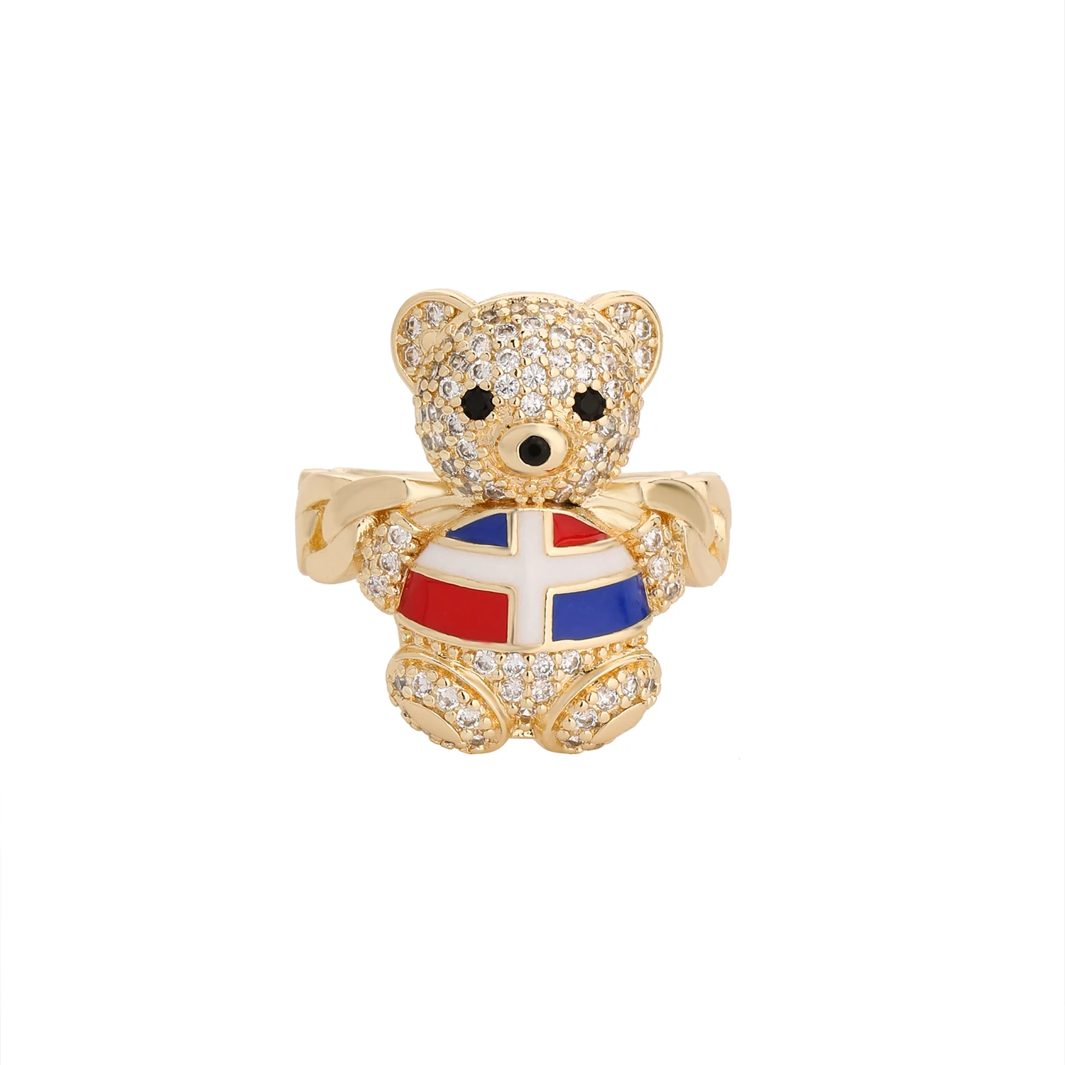 New 14K teddy bear ring Dominican flag crystal stone copper material 14k gold wholesale price jewelry