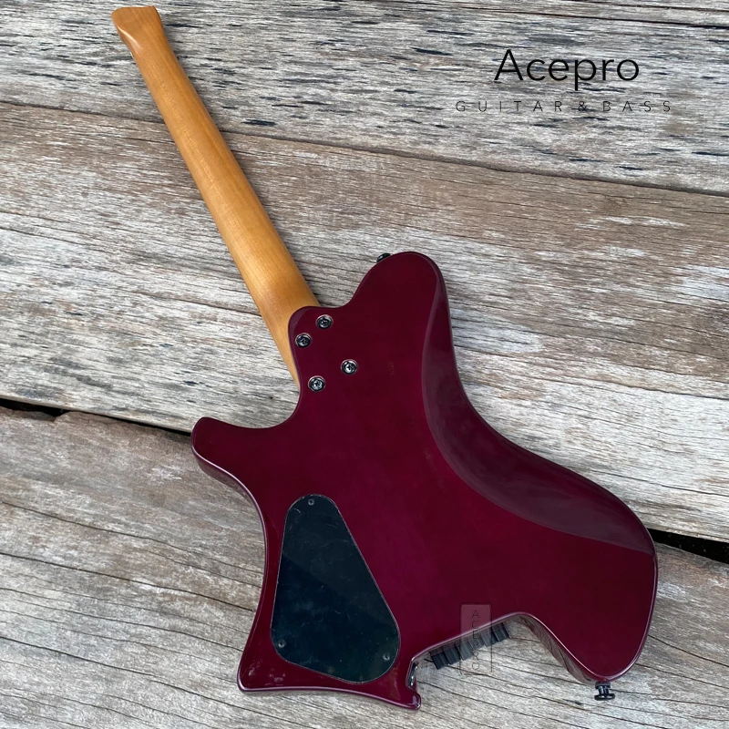 Acepro Headless Electric Guitar,  Gloss Purple Koa Top, 24F Stainless Steel Frets, Roasted Maple Neck, Black Hardware, Guitarra