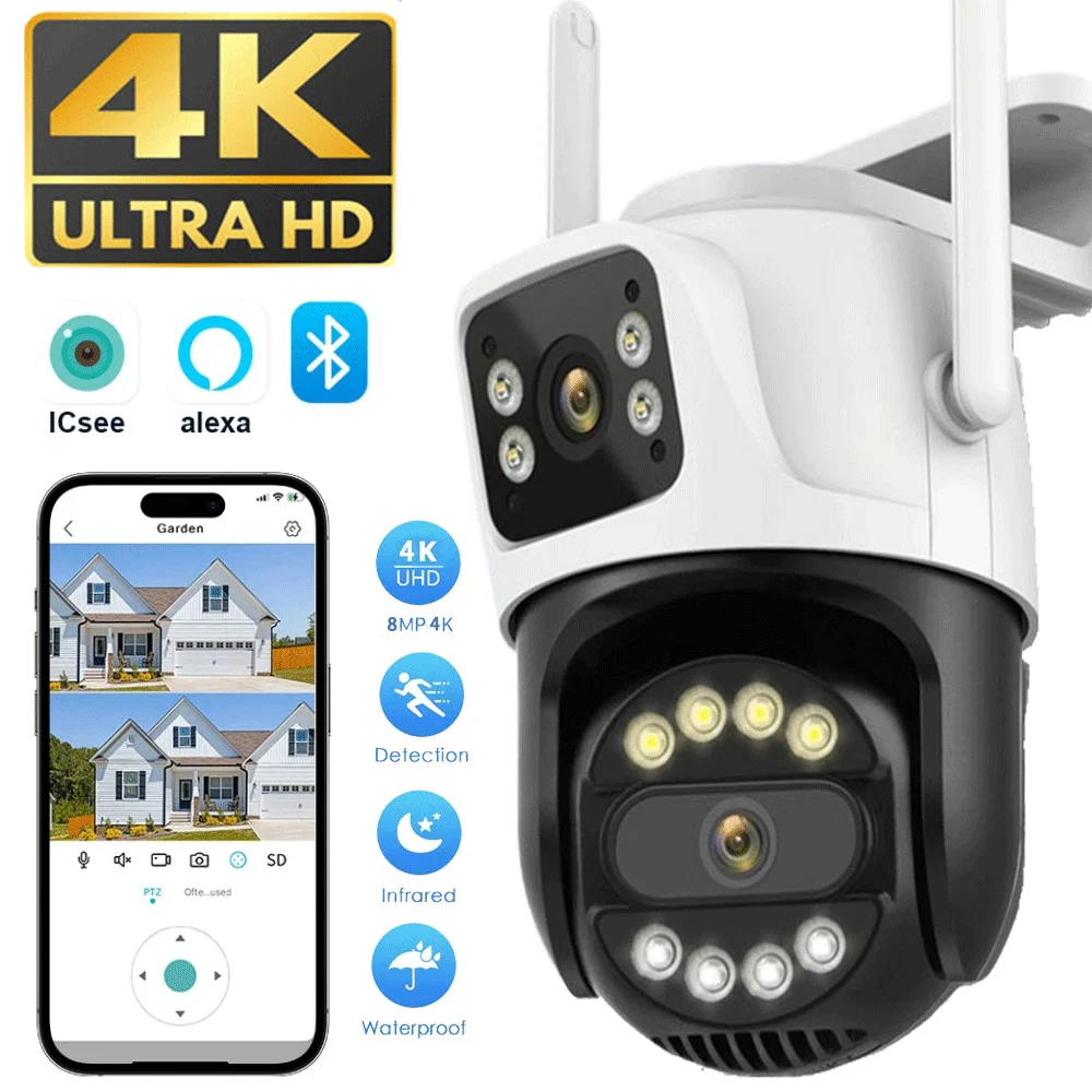 4K 8MP Outdoor Dual Lens Wifi PTZ Camera HD Dual Screen IP Camera Video Surveillance Auto Tracking Security-Protection ICSee