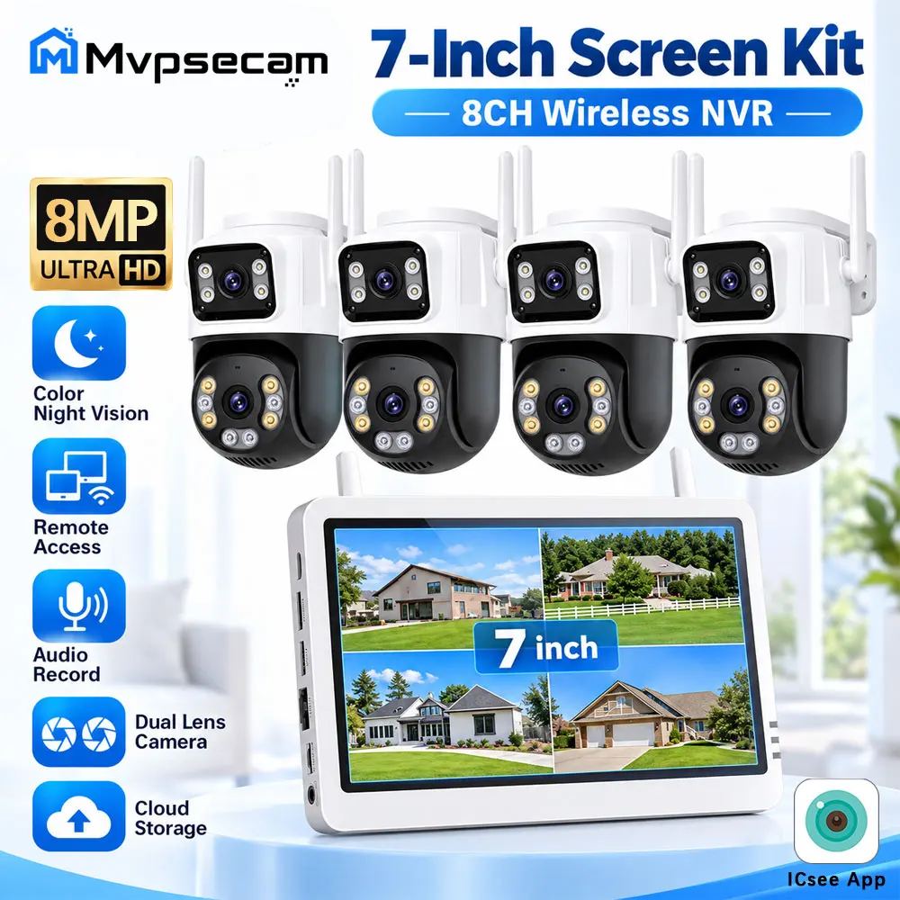 Système de caméra de sécurité sans fil à double objectif 8MP, écran 7 pouces, kit NVR 8CH avec 4 caméras WiFi, vision nocturne couleur, enregistrement audio, accès à distance, stockage sur le cloud, application ICSee, ensemble de surveillance vidéo pour la maison, le bureau, le magasin, configuration de sécurité pour la maison, le bureau et les commerces.