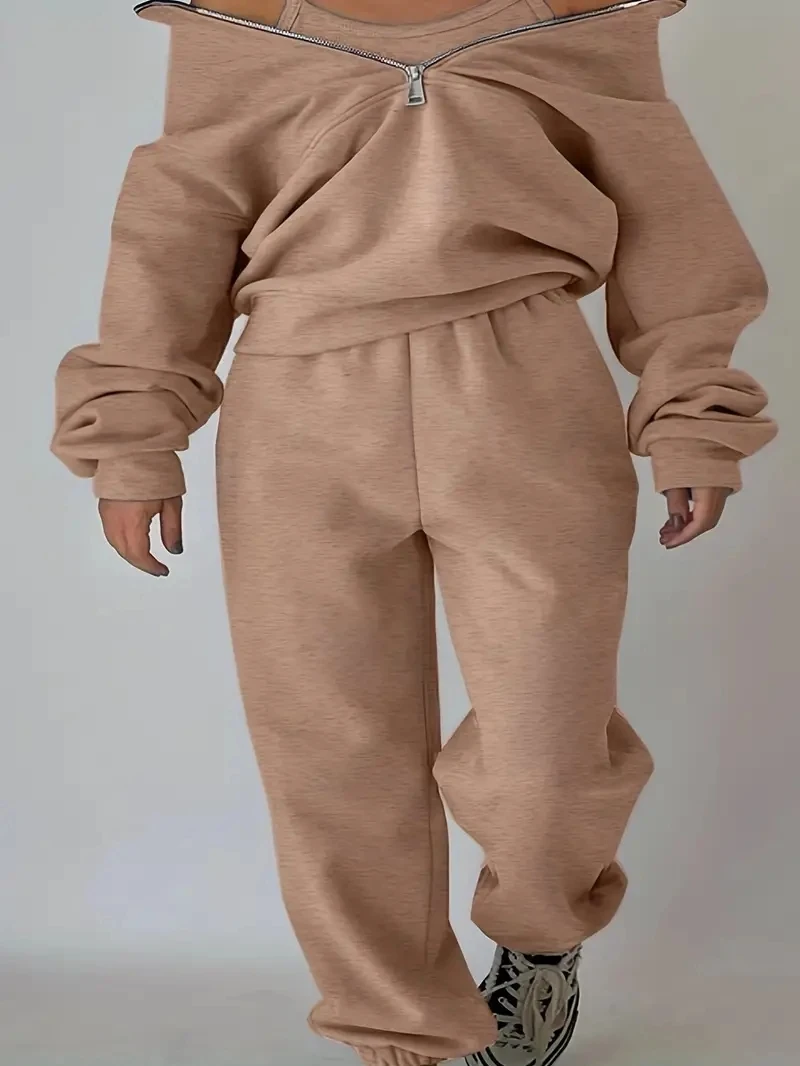 Winter Women Casual Matching Two-Piece Set Zip Up Sweaters Solid Colar Sweatpants Outfits Women Two Pieces Matching Suits