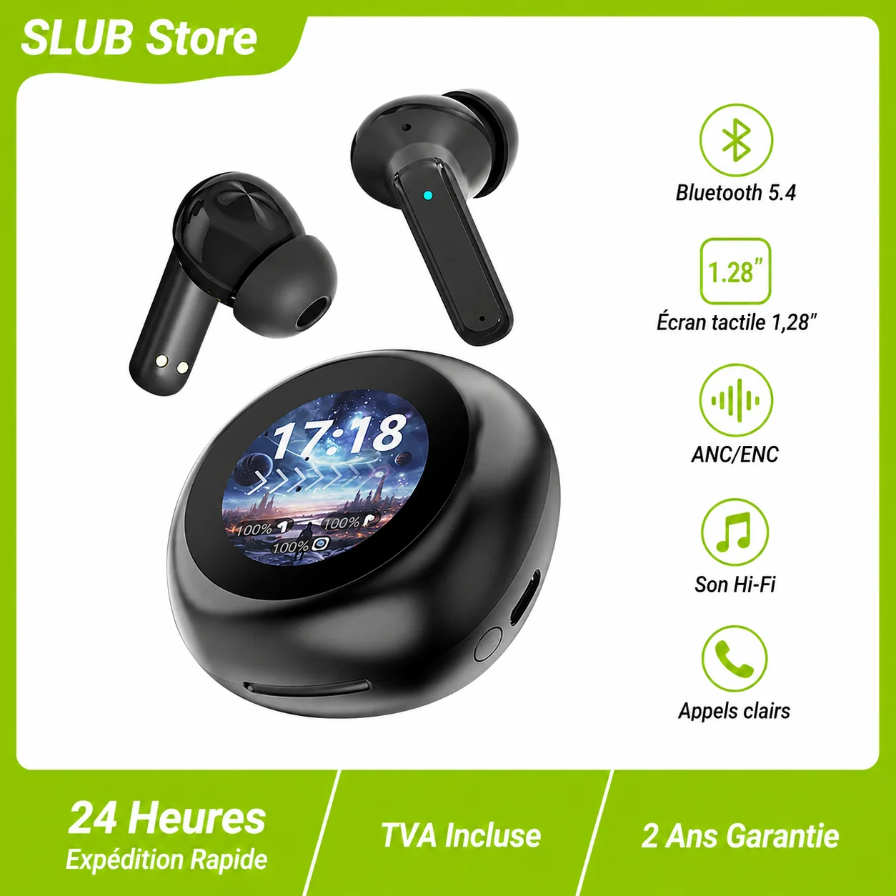 SLUB Écouteurs sans fil Bluetooth 5.4, écran 1,28″, ANC/ENC, Hi-Fi Écran tactile 1,28″ pour gérer musique, volume et appels.