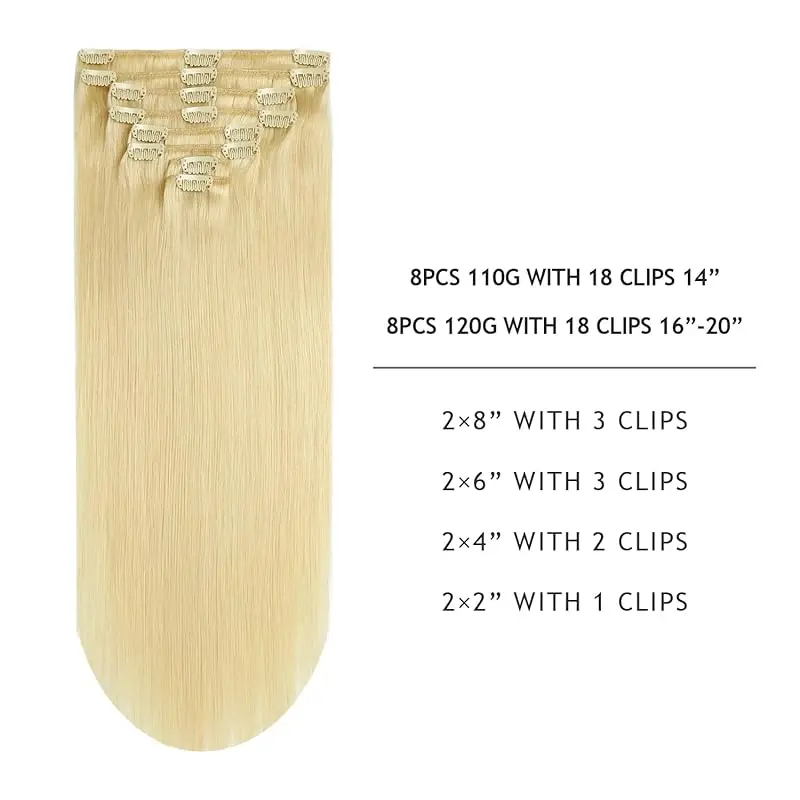 Remy Straight Clip Em Extensões De Cabelo, Cabelo Humano Real, Bleach Blonde, Premium Cabelo Grosso, #613, 8Pcs