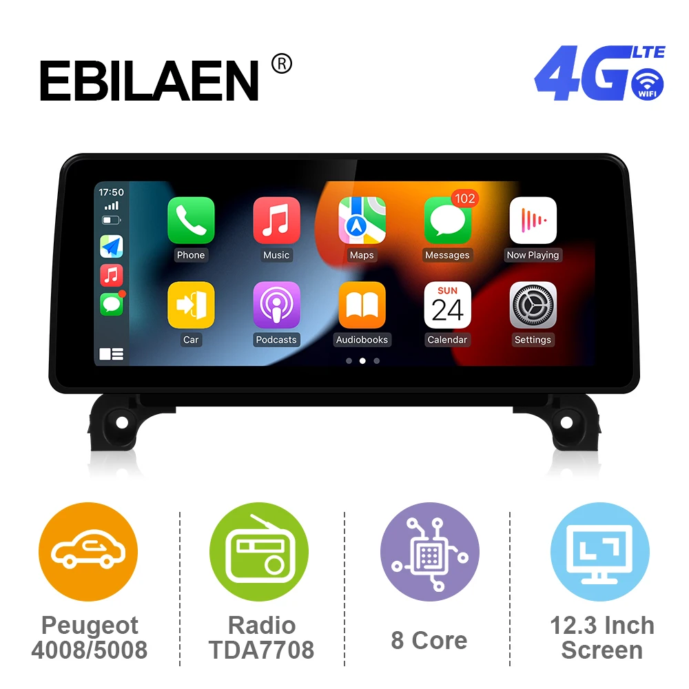 

EBILAEN 12.3 Inch Android 12 For Peugeot 4008 5008 3008 Car Radio Player GPS Stereo System 2K 1920*720P 4G WIFI Octa Core FM GPS