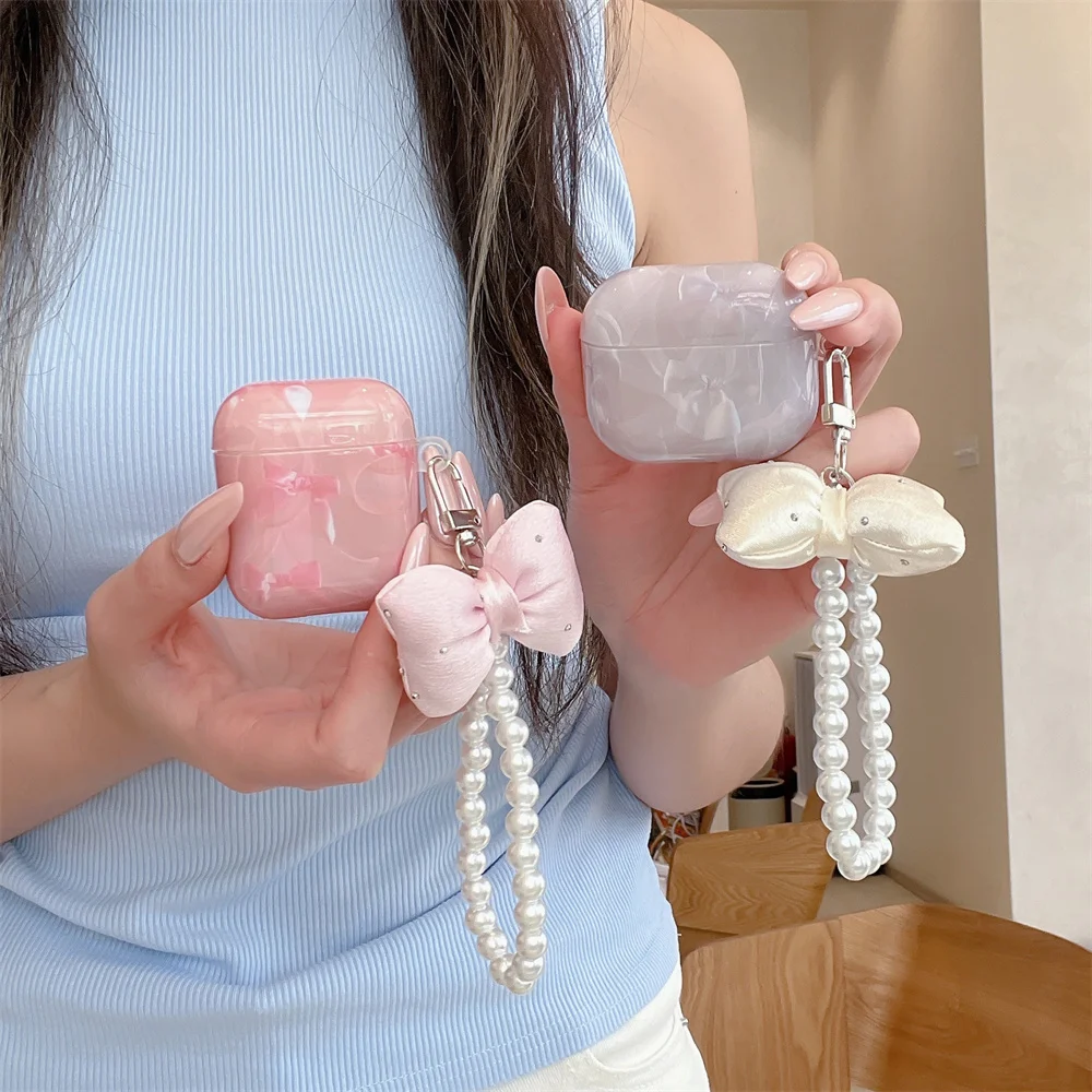 

Fashion marble headphone case for Airpods 4 3 2 cover Pro 3 Pro 2 with 3D bow Chain earphone charging case cute cover For pro 3