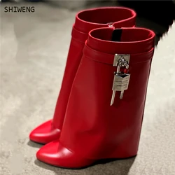 Lock Decor Pants Boots Women's Wedge Boots Black Fold Knee High Heel Boots Padlock Women's Botas Mujer Over size 44 Shoes Women