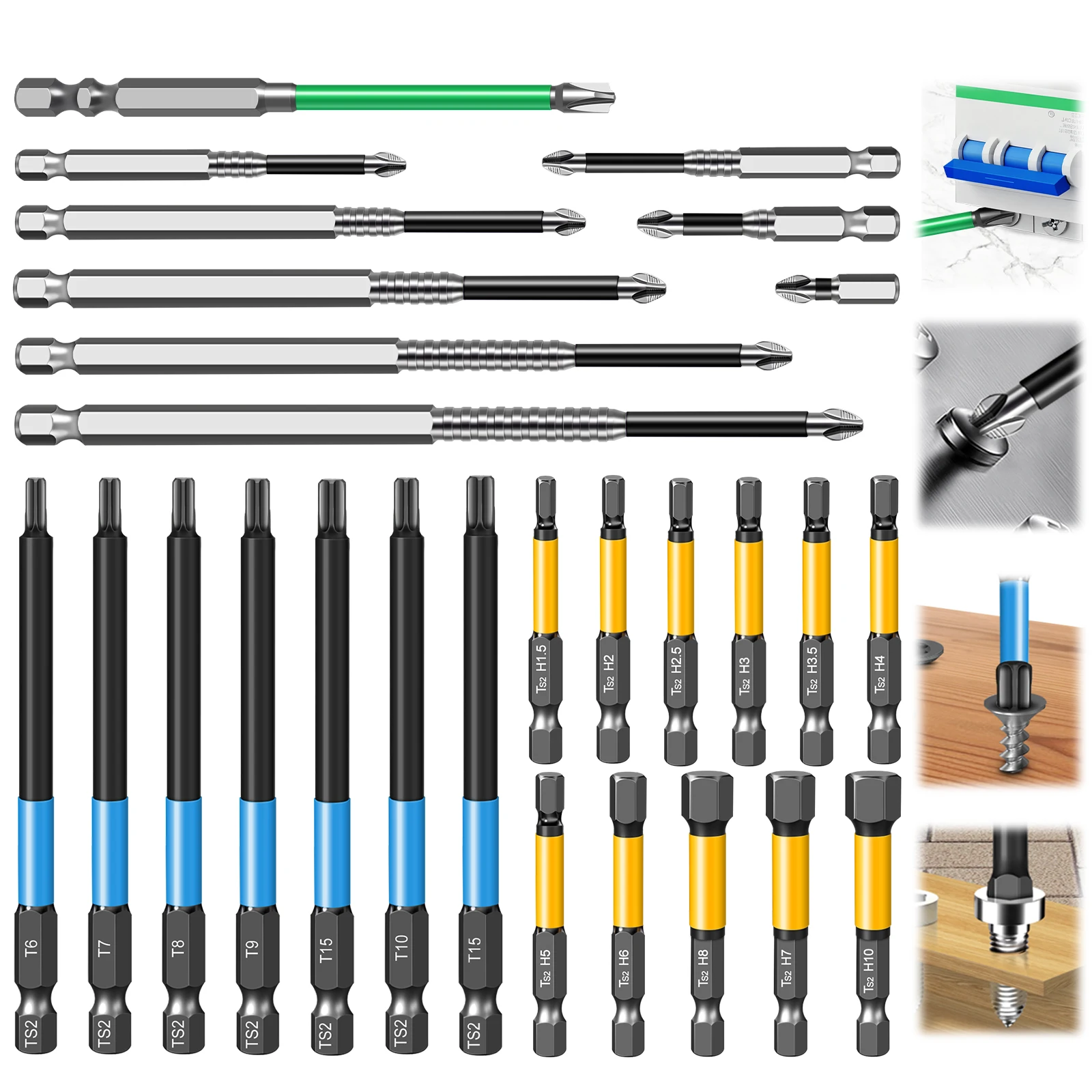 Professionelles Elektriker-Bit-Set, 4 Typen, Anti-Camout-Slip, S2-Stahl, PH2, Sechskant, FPH2, Torx, mehrere Größen – Detail 7