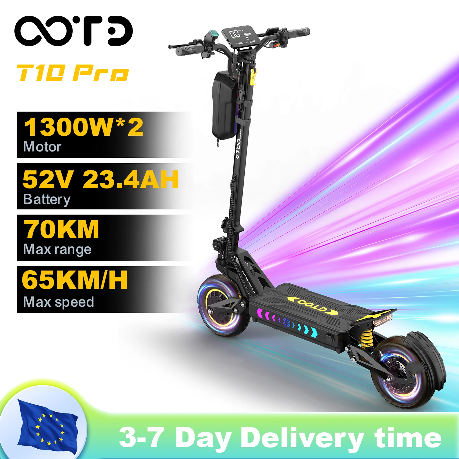 OOTD T10PRO Trottinette électrique moteur 2600W, 60 km/h, batterie lithium 52V 23.4Ah, éclairage ambiant, frein hydraulique