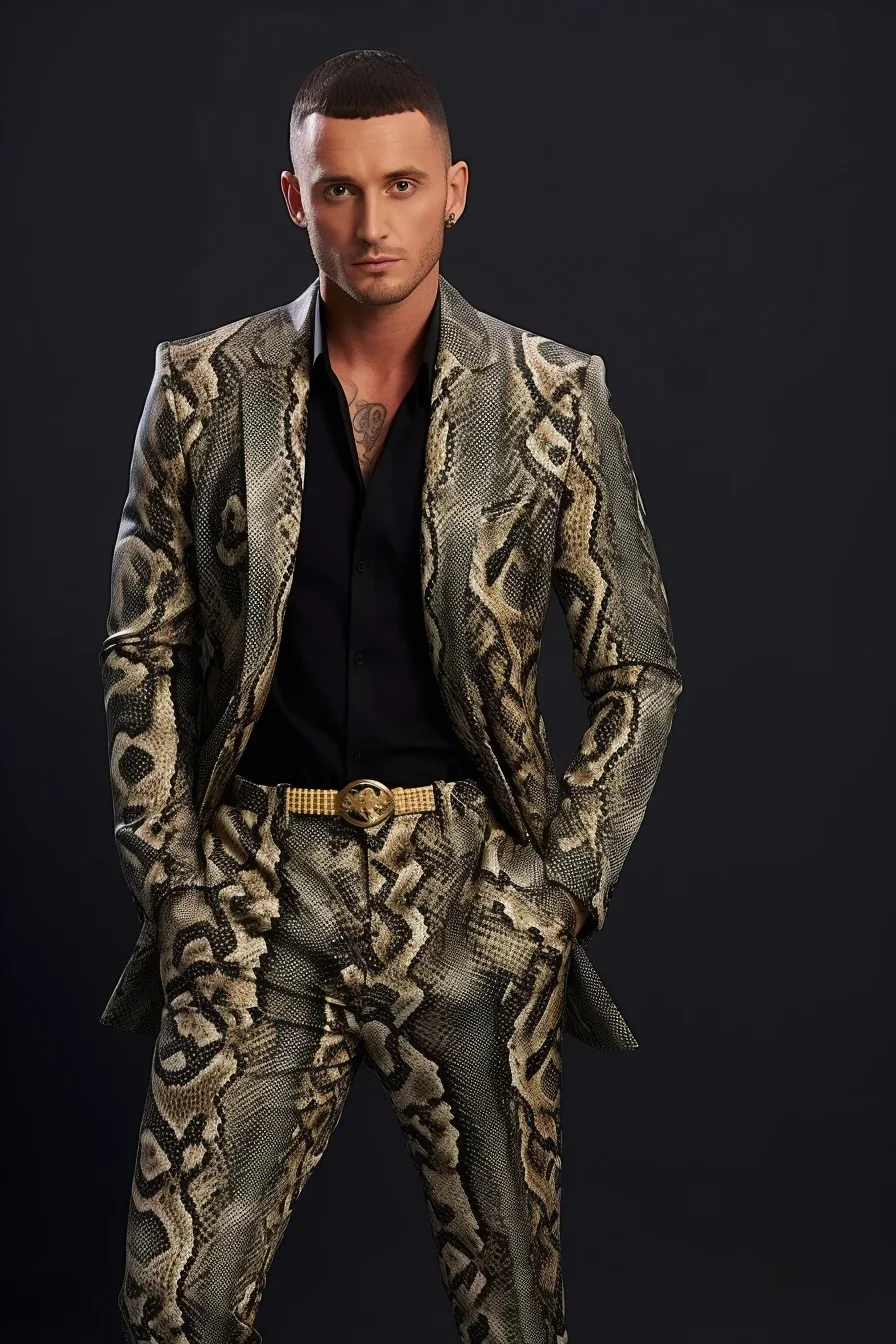 Lizard Scales Print Pattern Suit Two Piece Suit Fashionable Men Nightclub Bar Party Stage Cool High Street Performance Suit Gown