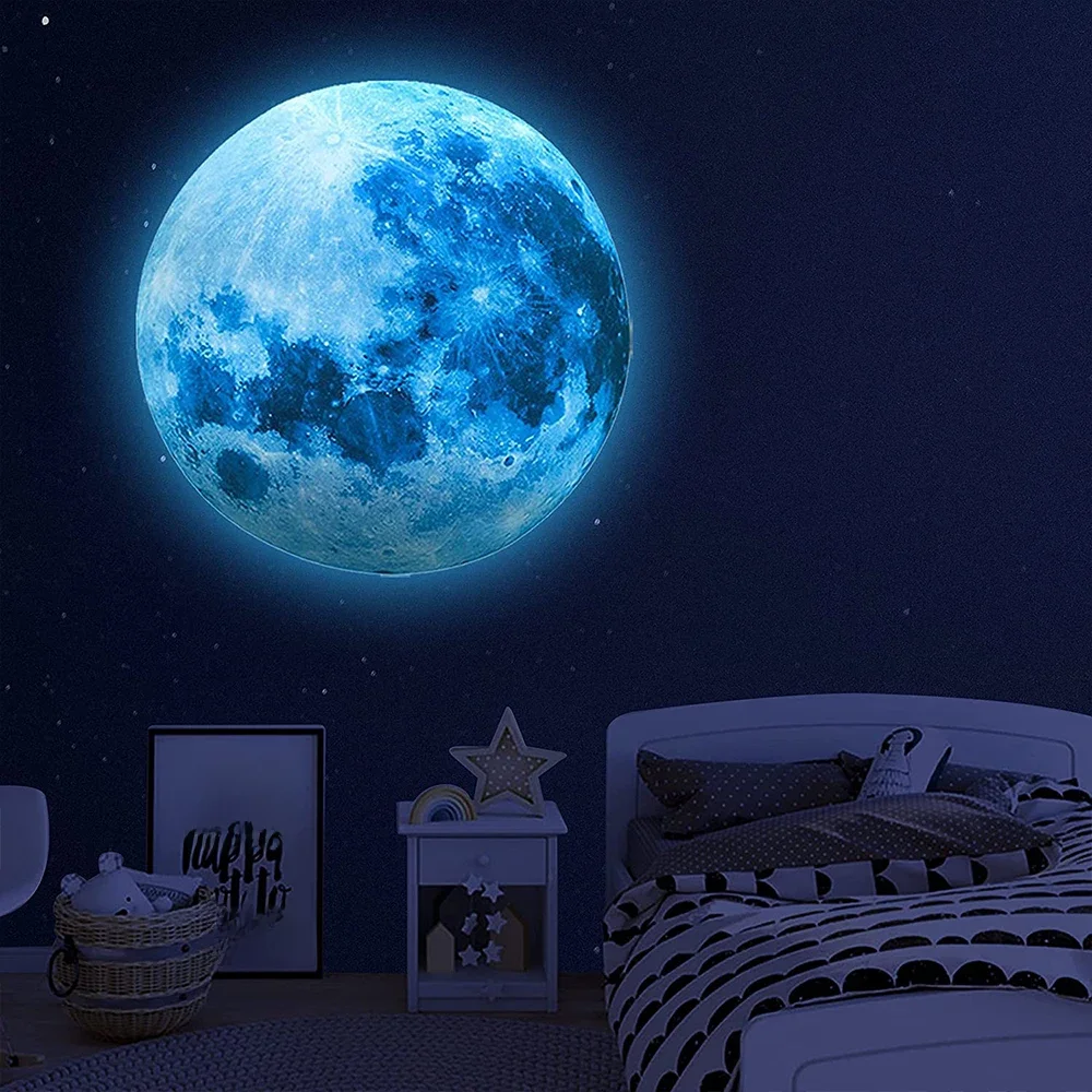 Świecąca w ciemności naklejka ścienna z księżycem dla dzieci Pokój dziecięcy Naklejka ścienna 3D Space Planet Naklejki do salonu Naklejki do domu — zdjęcie 2