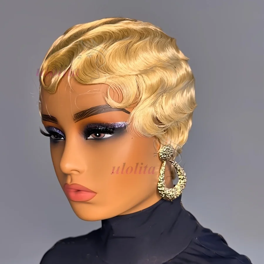 Farbton 99J # 27 braune kurze Pixie-Cut-Perücken für schwarze Frauen, Mommy-Perücke, brasilianische Echthaar-Perücken, Finger-Ocean-Wave-Perücke aus Echthaar – Detail 5