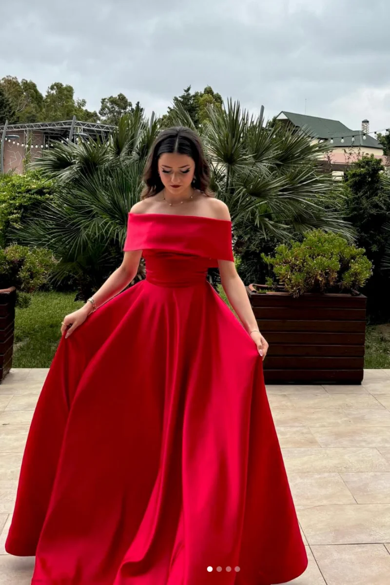 Jessica Off-shoulder Satin Evening Dresses Red Special Occasion Prom Dresses A-Shape Wedding Party Dresses Customized